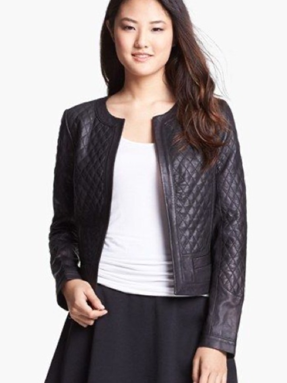 Halogen Quilted Open-Front Black Leather Jacket
